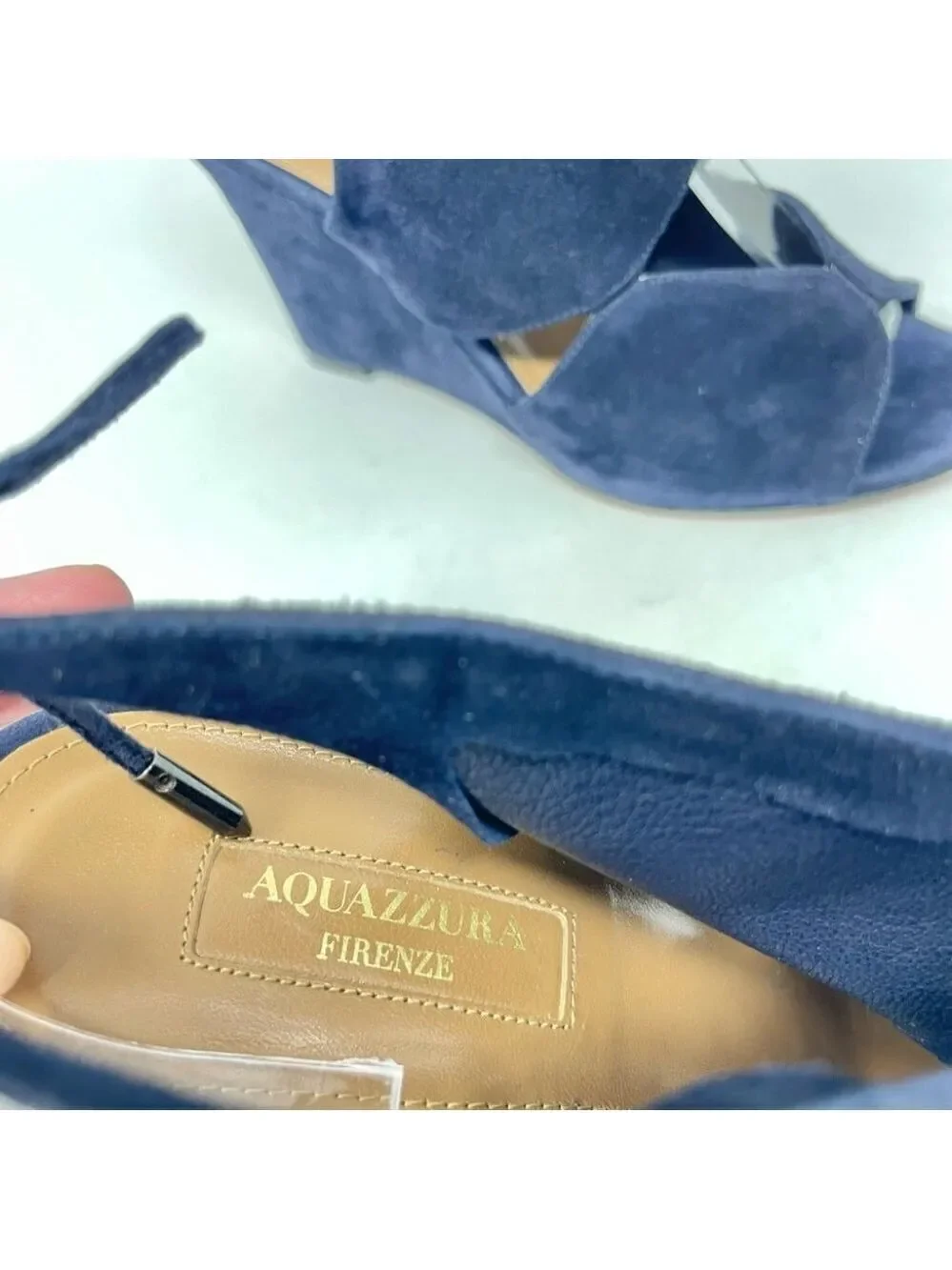 * Aquazzura Iman Blue Suede Cutout Wedge Sandals Size 37.5
